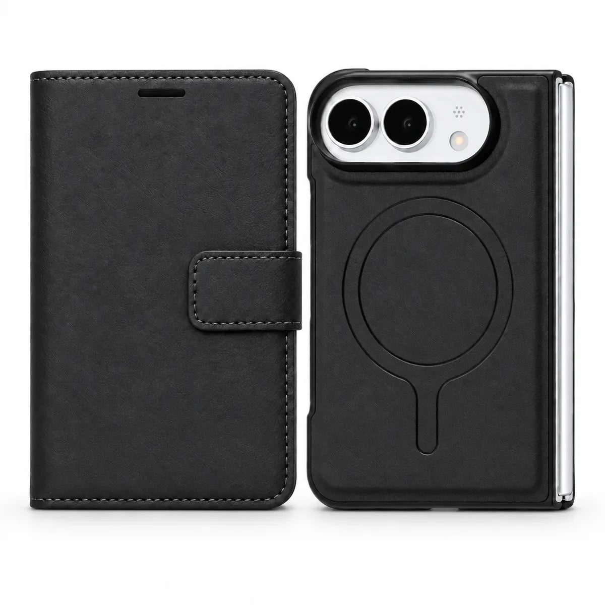 Closed Midnight Black wallet folio beside the detachable magnetic phone case, shown from the rear. #color_Midnight Black
