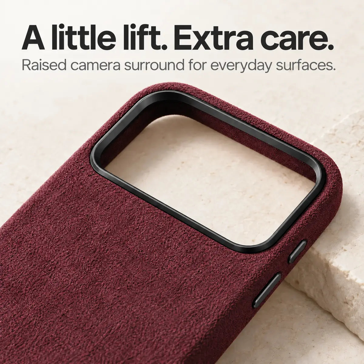 Burgundy fabric phone case with a close view of the raised camera surround. #color_Burgundy
