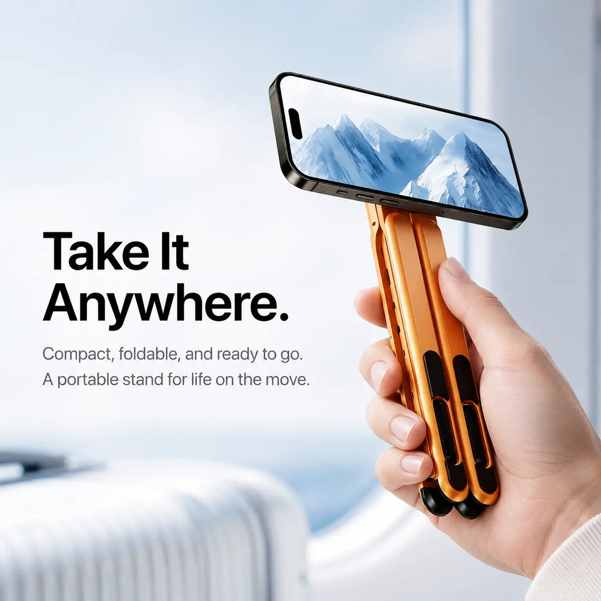 Foldable MagSafe phone stand designed for travel, cafés and remote work