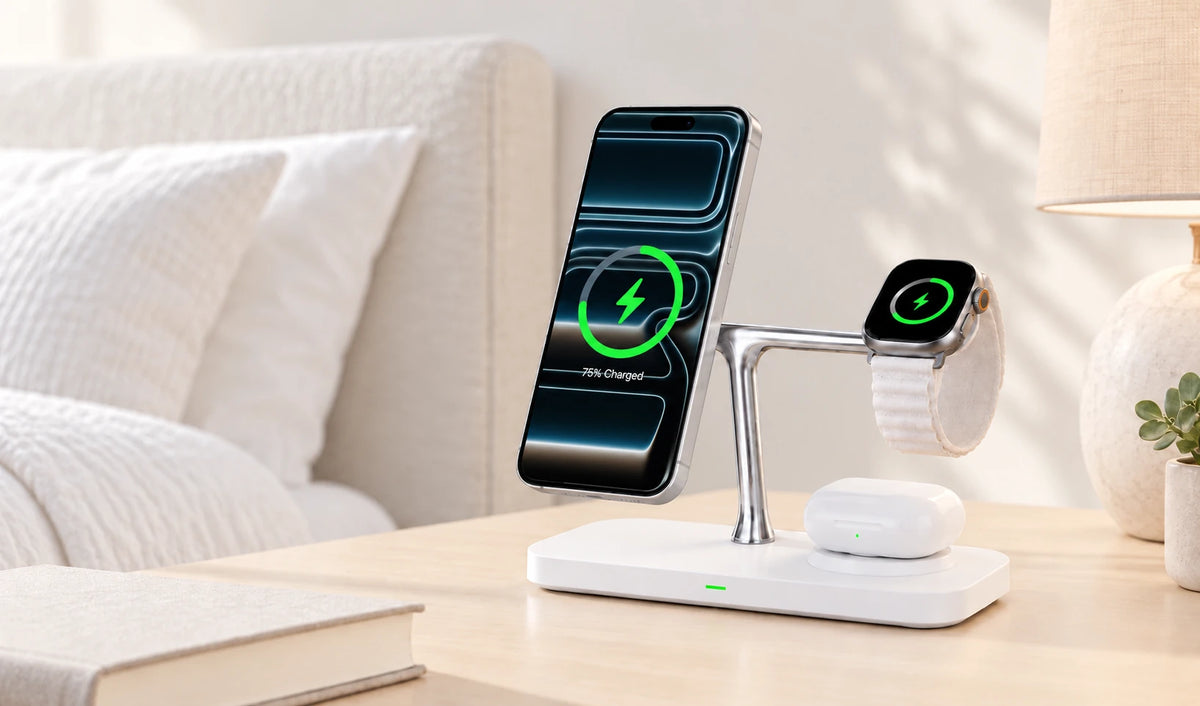 White charging dock beside a bedside lamp and book in a quiet bedroom.