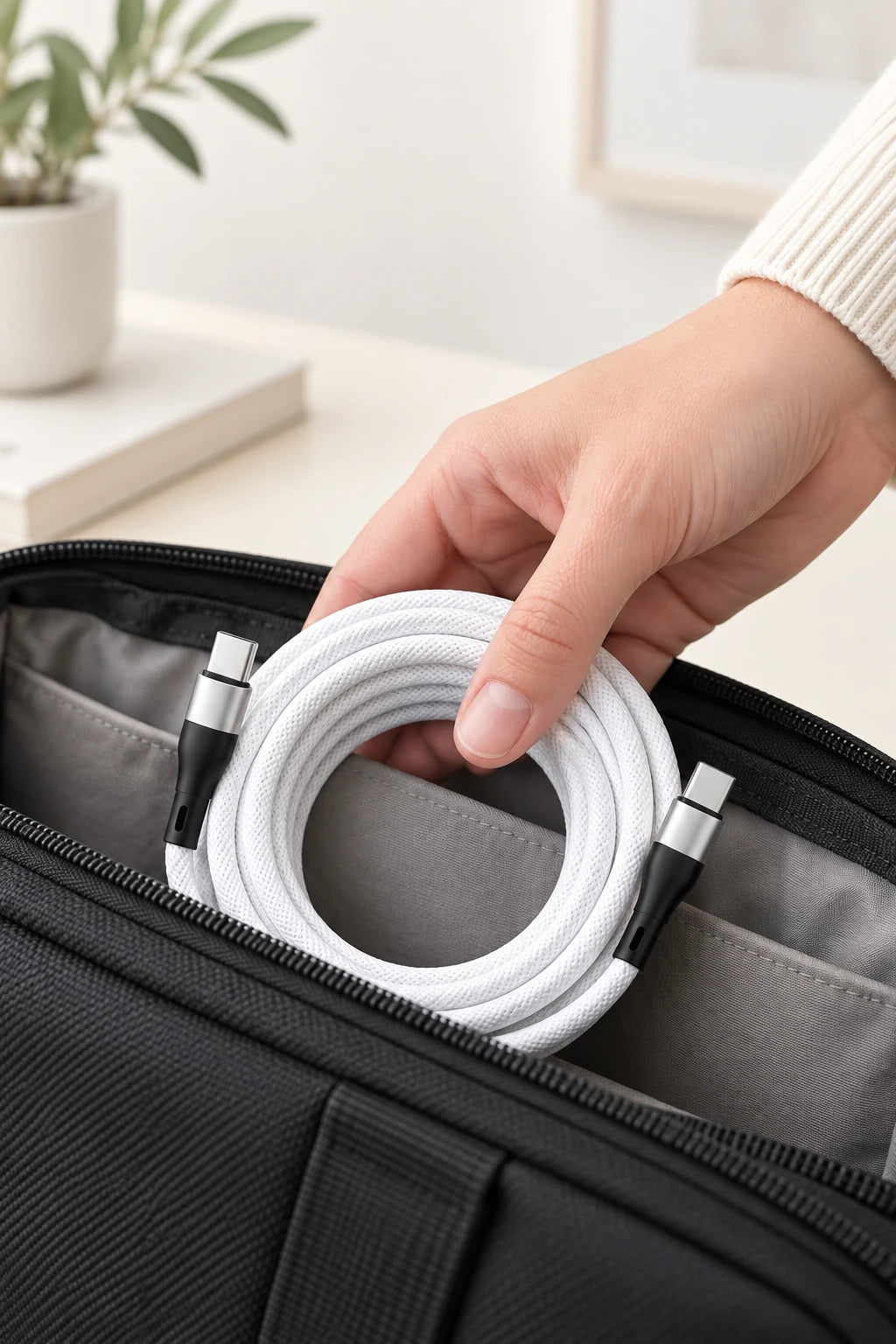 White coiled charging cable tucked into a travel bag pocket.