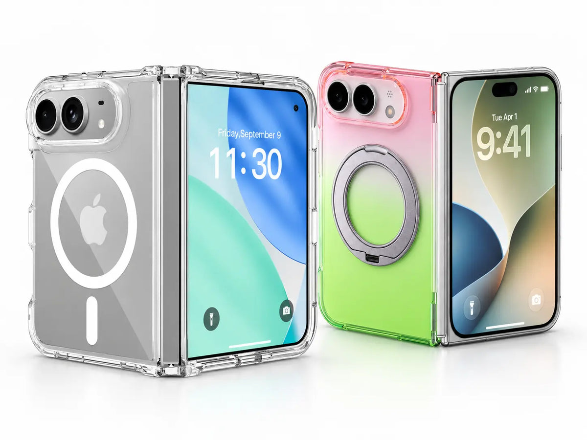 Clear and pink-green protective cases with magnetic rings on folding phones