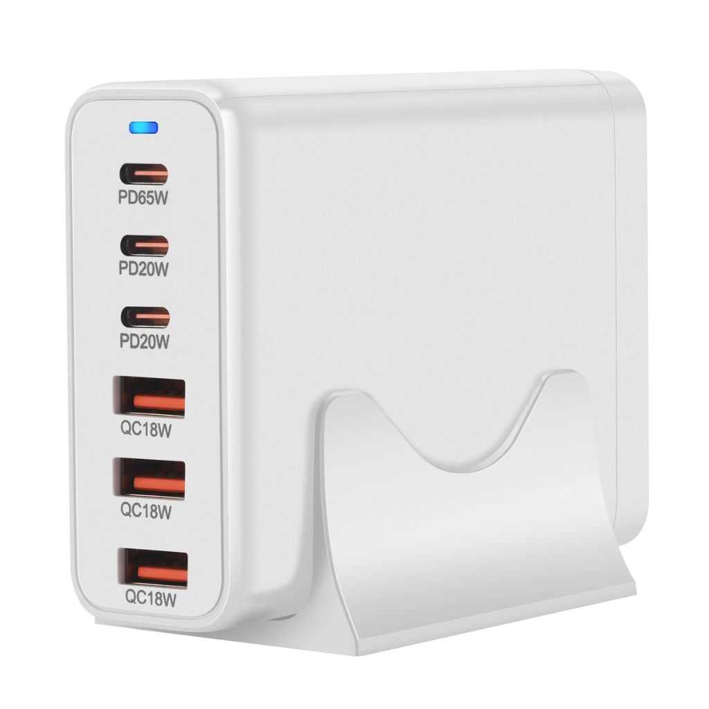 120W GaN 6-Port USB-C Charger with advanced GaN technology, featuring three USB-C PD ports and three USB-A QC 3.0 ports for fast and efficient multi-device charging. Compact and lightweight design suitable for home, office, and travel use.