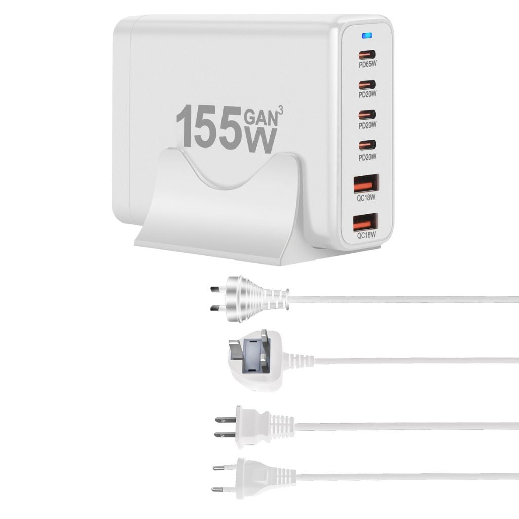155W GaN 6-Port USB-C Charger with advanced GaN technology, featuring four USB-C PD ports and two USB-A QC 3.0 ports for fast and efficient multi-device charging. Compact and lightweight design suitable for home, office, and travel use.
