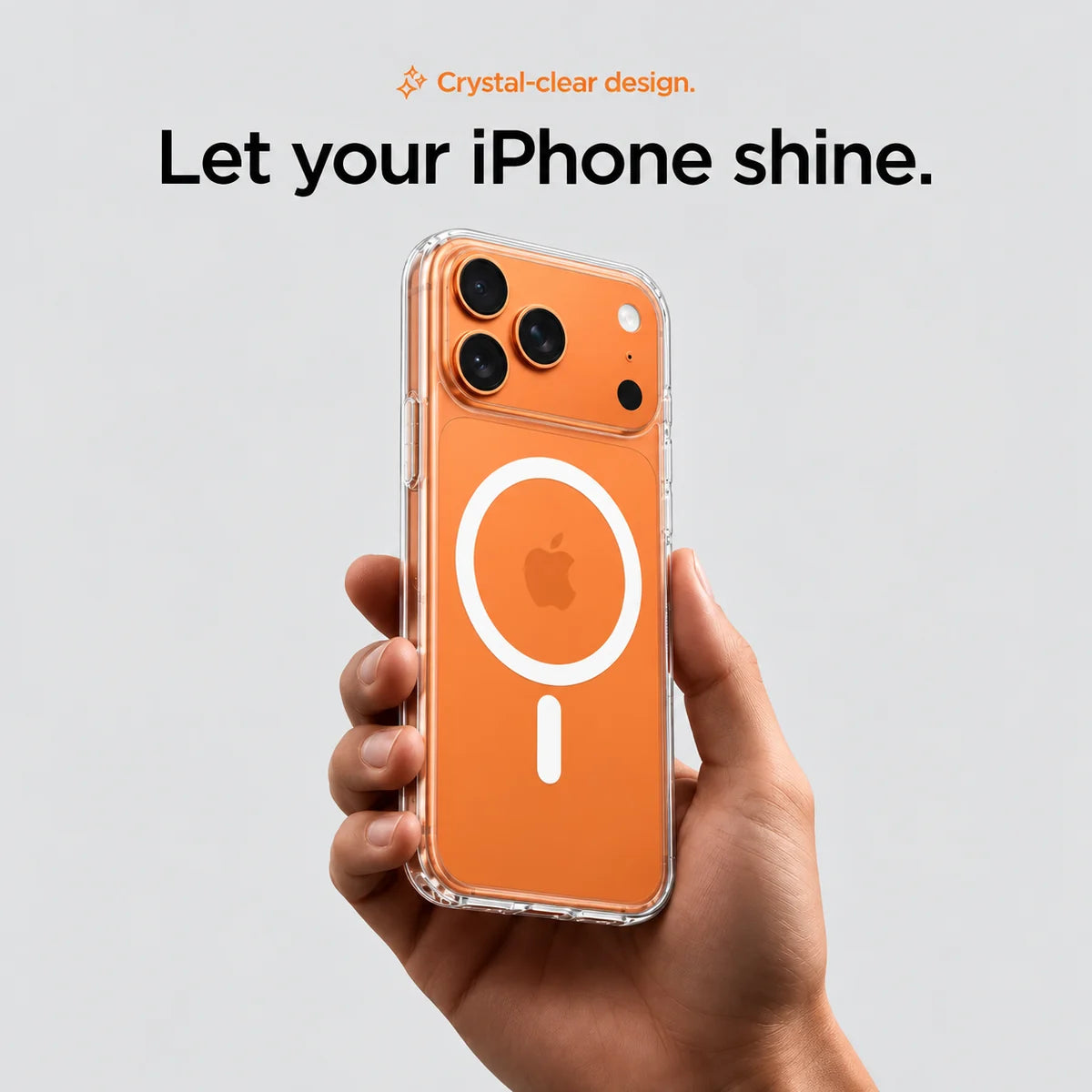 Clear magnetic phone case held at an angle, showing its transparent back and camera openings. #iPhone Model_iPhone 17 Pro