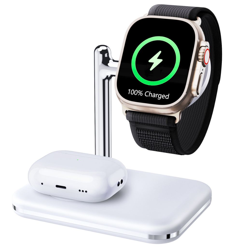 2-in-1 wireless charger for Apple Watch and AirPods, fast charging station, compact and portable, foldable design, adjustable angles, compatible with Apple Watch Ultra, Series 8, 7, 6, 5, 4, 3, 2, SE, and AirPods Pro, Pro 2, 3, 2, Type-C input, overcharge protection, for desk and travel use.