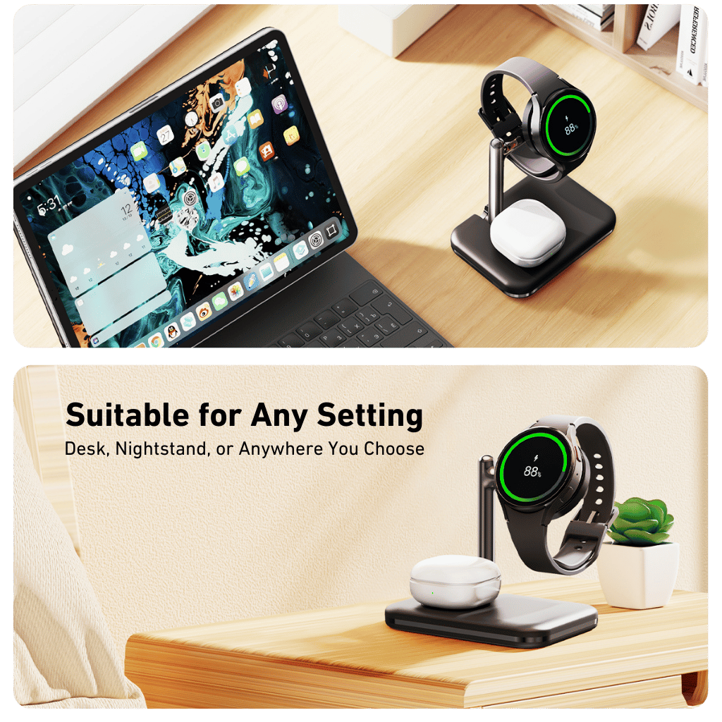 2-in-1 wireless charger for Samsung Galaxy Watch and Buds, fast charging station, compact and portable, foldable design, adjustable angles, compatible with Galaxy Watch 5, 5 Pro, 4, 4 Classic, 3, 3 Classic, Active 2, Active 1, and Galaxy Buds 2, 2 Pro, Pro, Live, Type-C input, overcharge protection, suitable for desk and travel use.