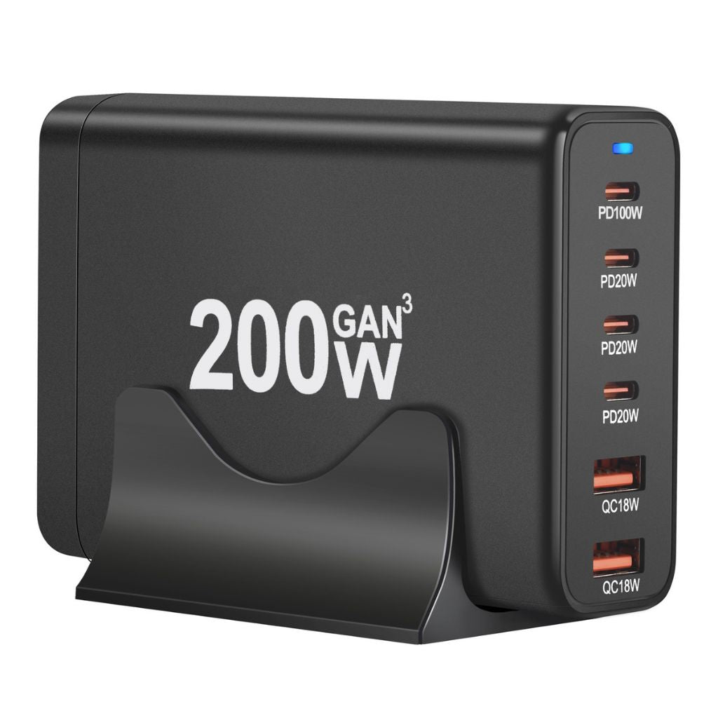 200W GaN 6-Port USB-C Charger with advanced GaN technology, featuring four USB-C PD ports and two USB-A QC 3.0 ports for ultra-fast and efficient multi-device charging. Compact and lightweight design suitable for home, office, and travel use.