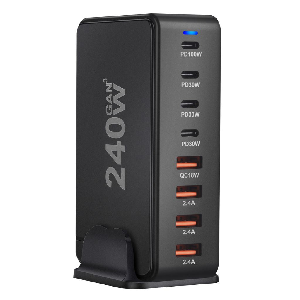 240W GaN 8-Port USB-C Charger with advanced GaN technology, featuring four USB-C PD ports and four USB-A QC ports for ultra-fast and efficient multi-device charging. Compact and lightweight design suitable for home, office, and travel use.
