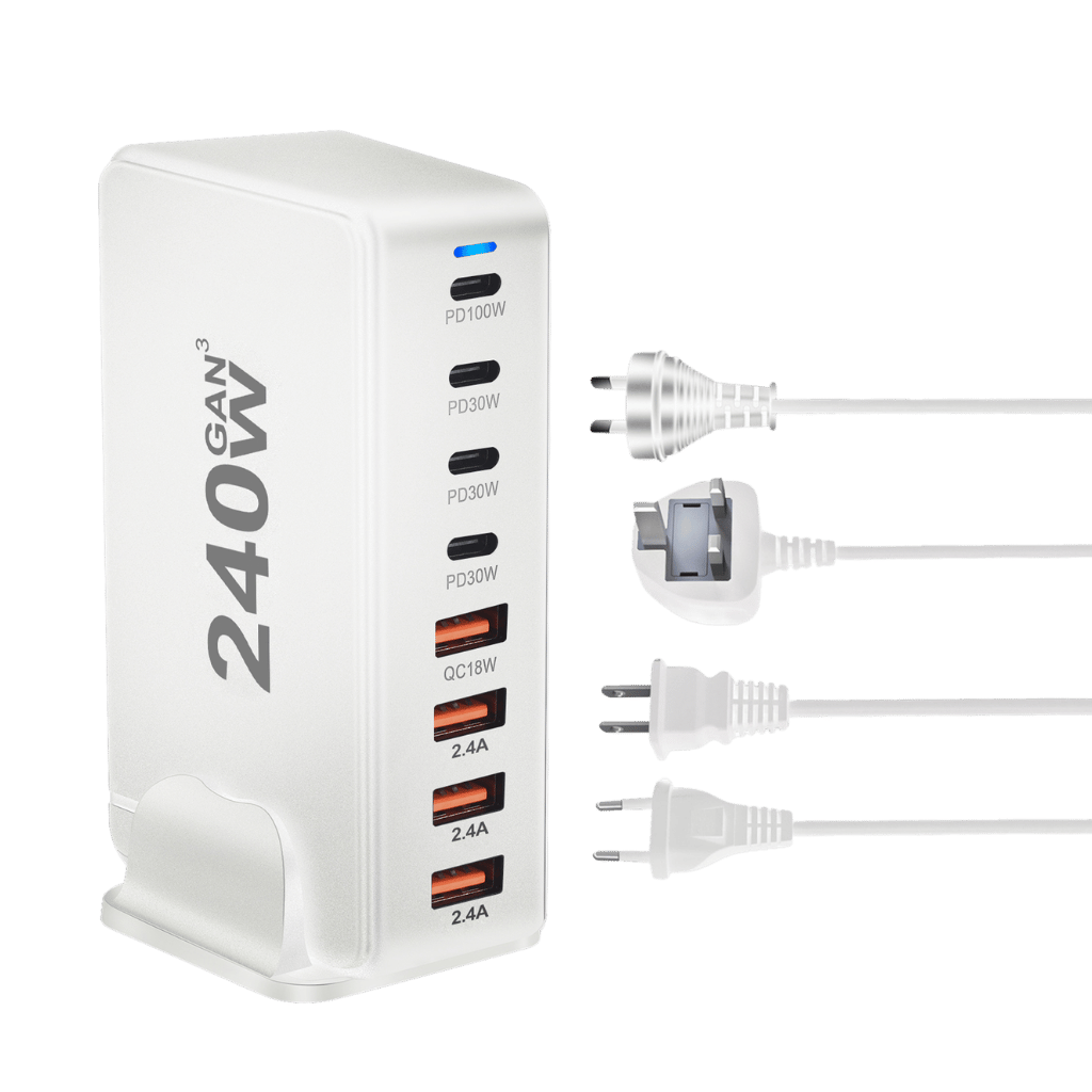 240W GaN 8-Port USB-C Charger with advanced GaN technology, featuring four USB-C PD ports and four USB-A QC ports for ultra-fast and efficient multi-device charging. Compact and lightweight design suitable for home, office, and travel use.