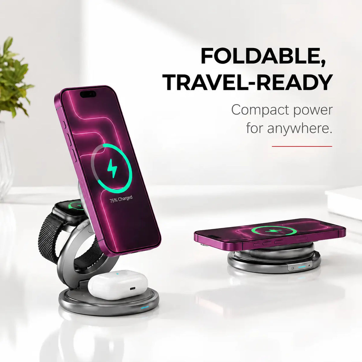 Foldable Qi2 travel charger for iPhone, Apple Watch and AirPods