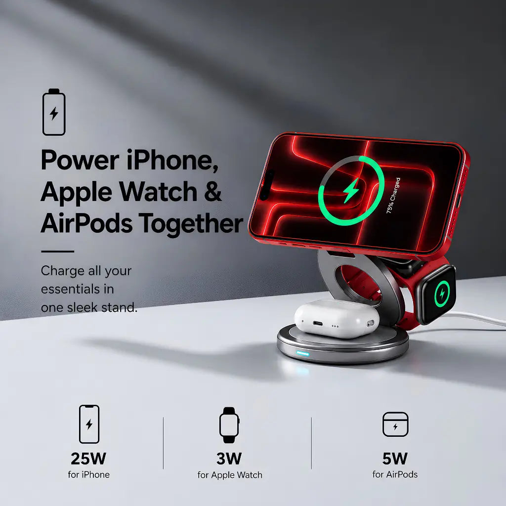 MagSafe charger powering iPhone, Apple Watch and AirPods together