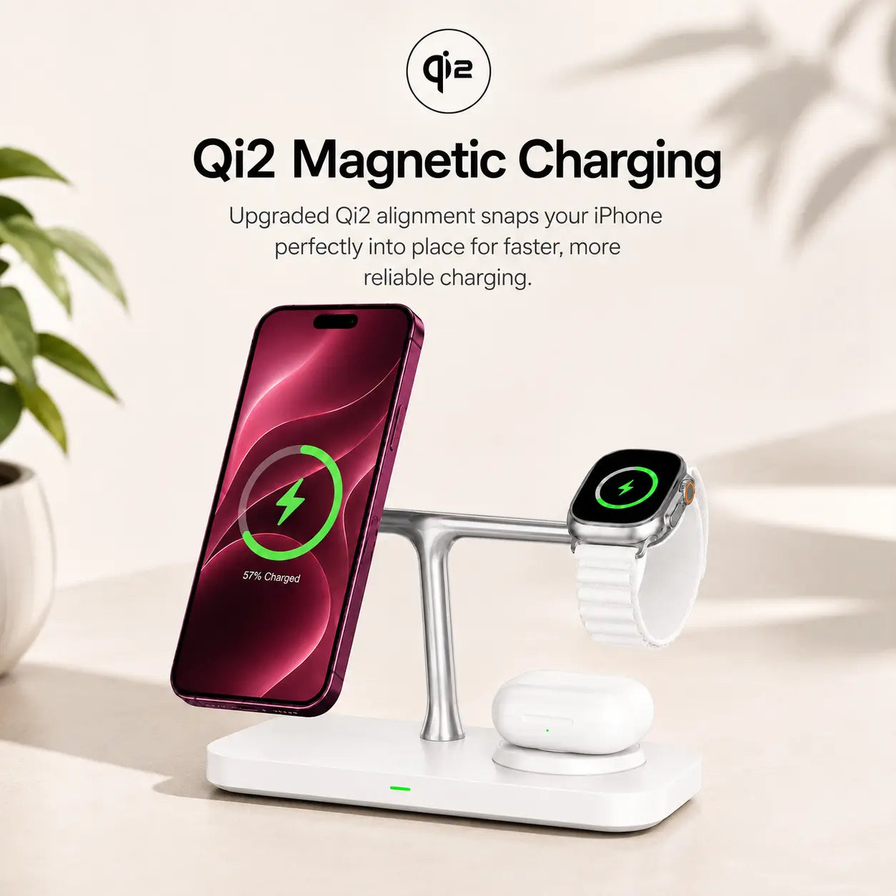 Arctic White three device wireless charging station holding a phone magnetically #color_Arctic White