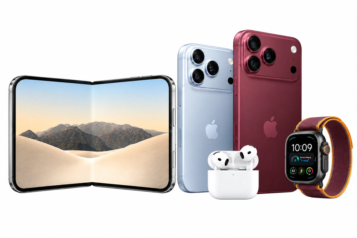 Burgundy and Glacier phones, unfolded iPhone Duo, Apple Watch with a burgundy band and AirPods.