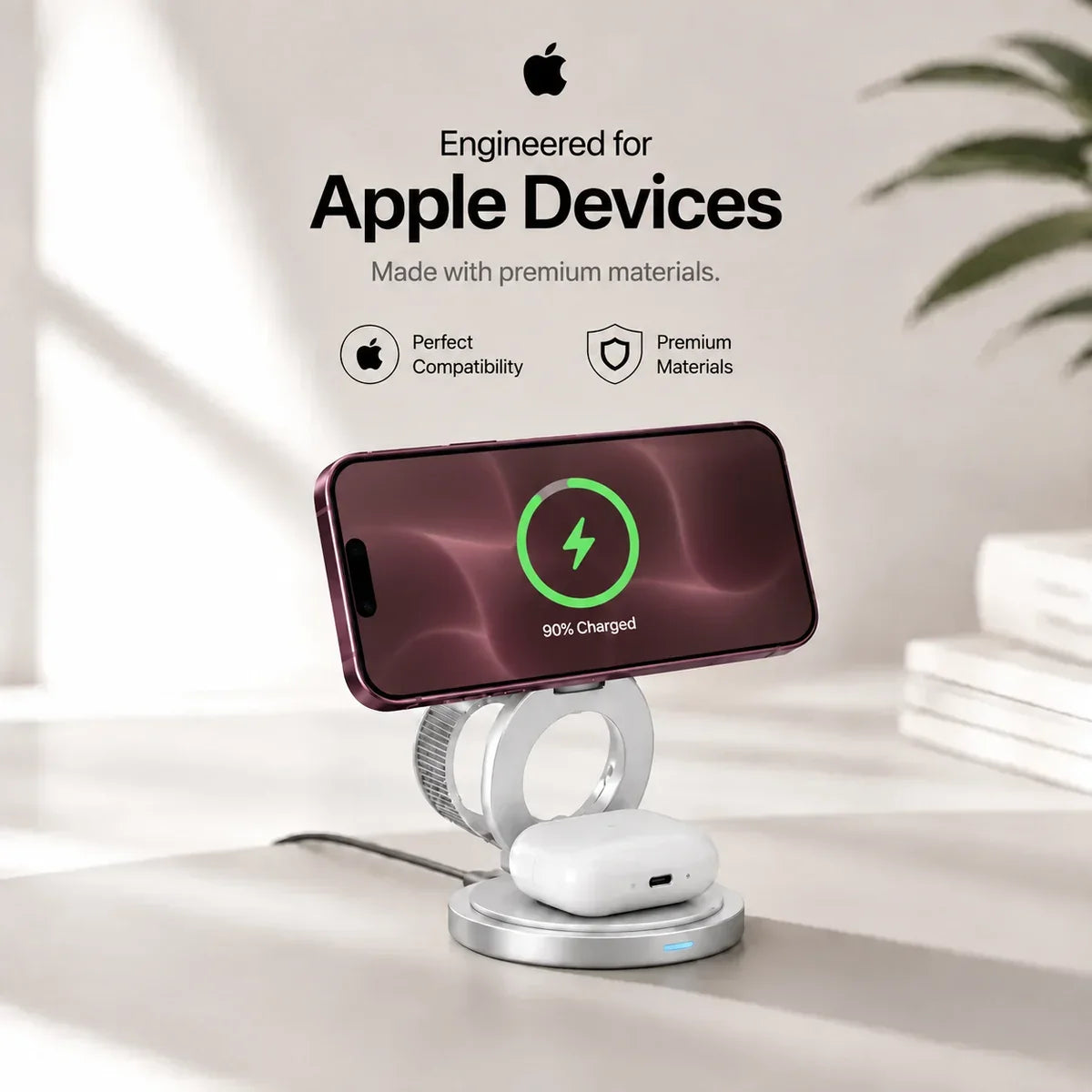 Arctic White rotating foldable wireless charger supporting a Burgundy phone in landscape orientation. #color_Arctic White