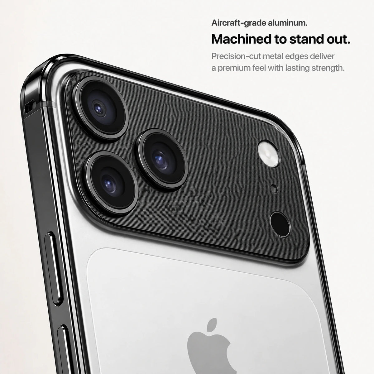 Black aluminum frame phone case showing the machined camera guard and metal frame #color_Midnight Black