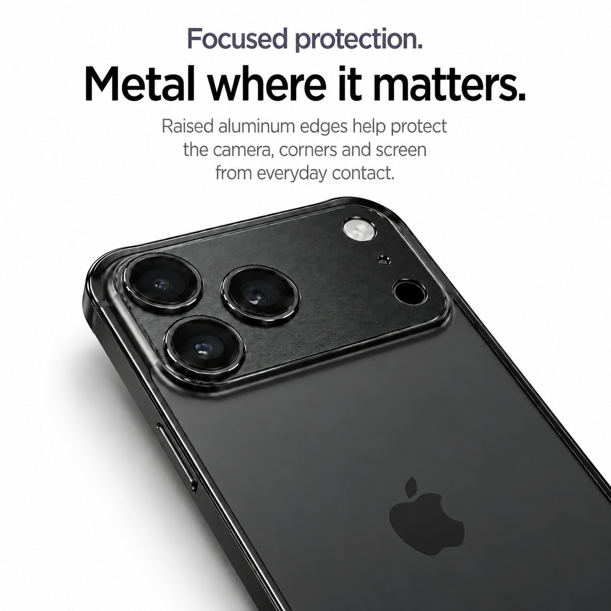 Black aluminum frame phone case showing its raised camera and corner protection #color_Midnight Black