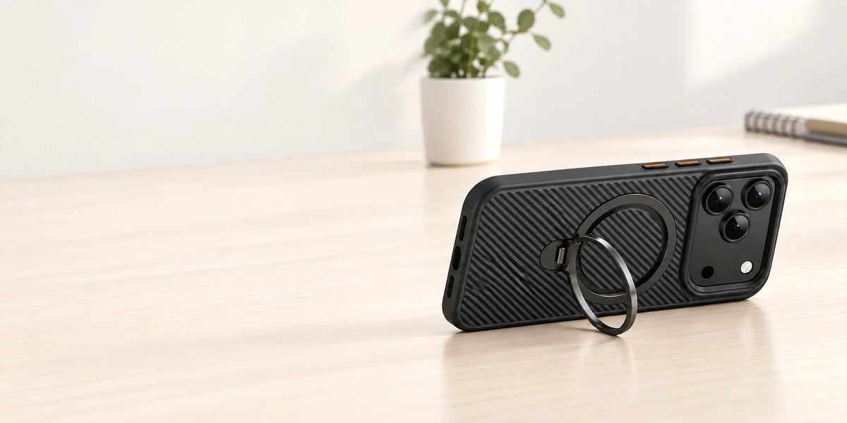Phone case resting in landscape with its original ring supporting it from the side.