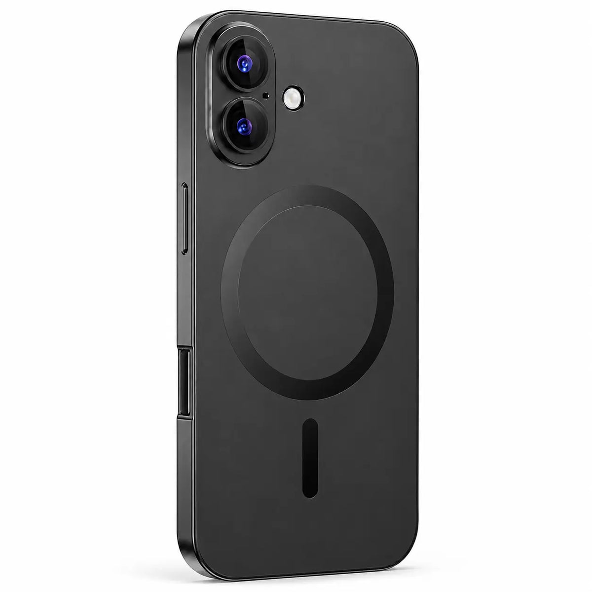 Black metal magnetic phone case with two vertically arranged camera openings shown from the back on white #color_Midnight Black