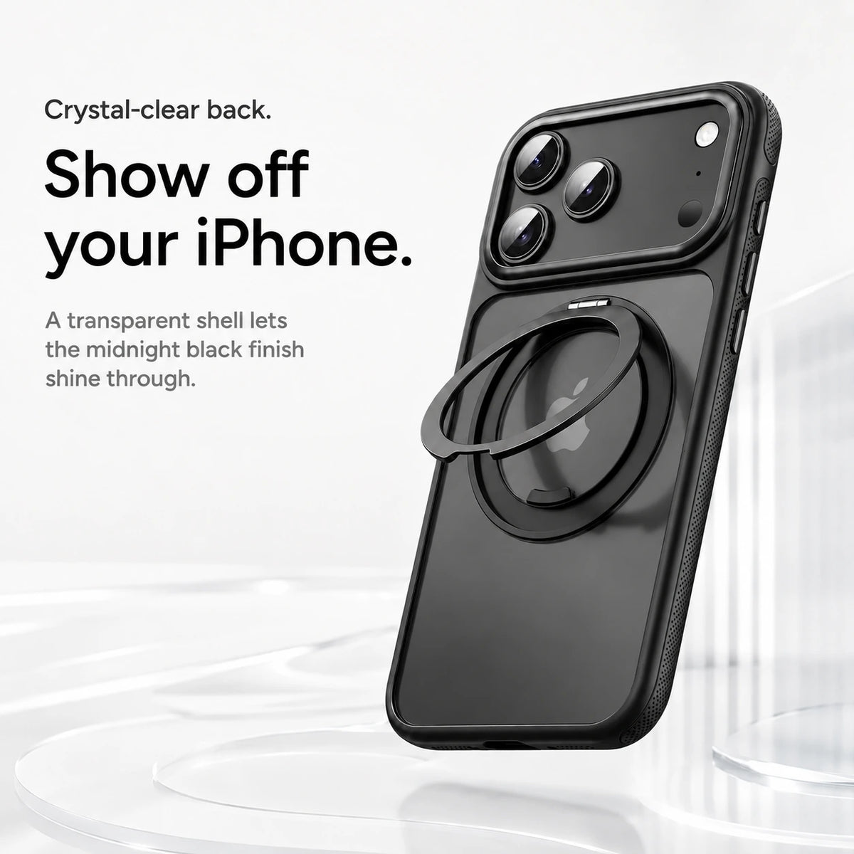 Black magnetic phone case displayed upright with a clear back and an open metal ring #color_Midnight Black