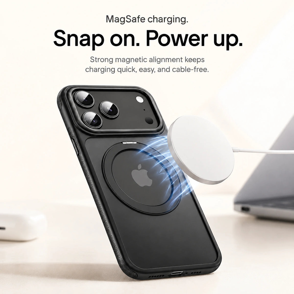 Black magnetic phone case aligned with a white wireless charging puck #color_Midnight Black