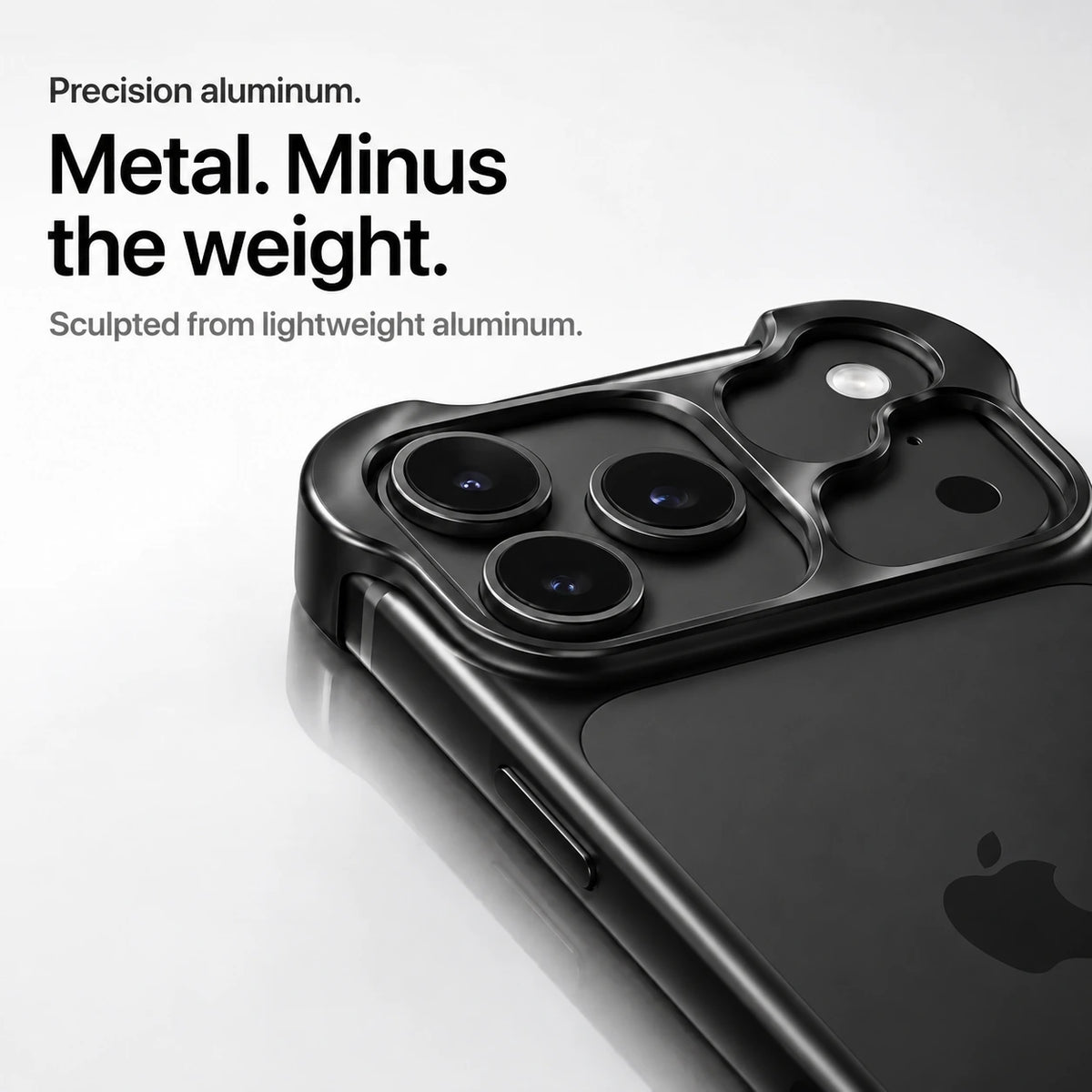 Black sculpted metal phone case showing a close view of its sculpted camera guard #color_Midnight Black
