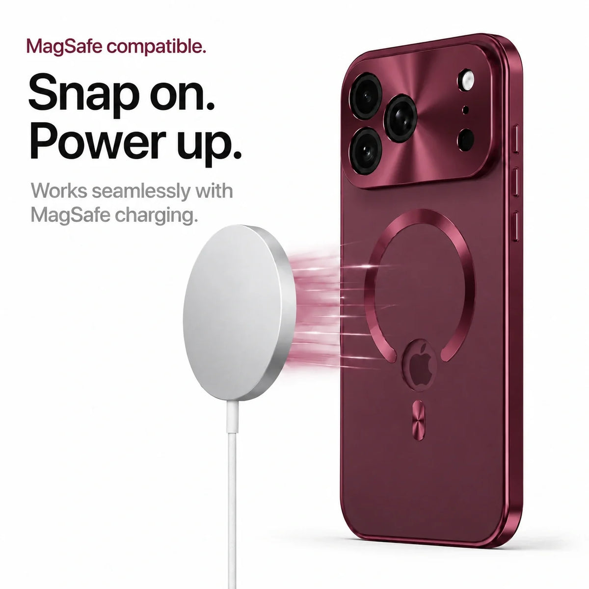 Burgundy metal frame phone case beside a round magnetic wireless charger #color_Burgundy