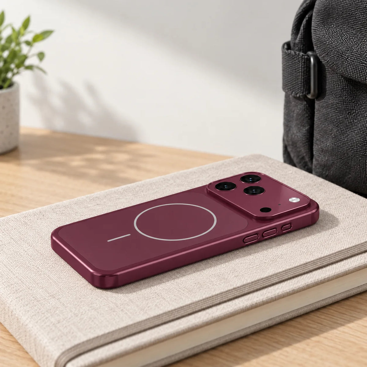 Slim side profile of a Burgundy phone case beside a canvas bag.