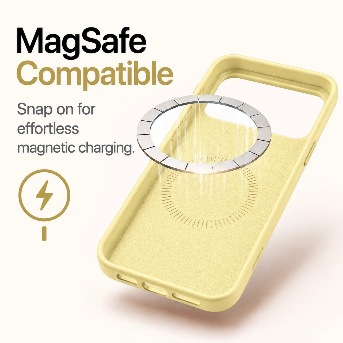 Butter yellow silicone phone case showing the soft interior and magnetic charging ring #color_Butter Yellow