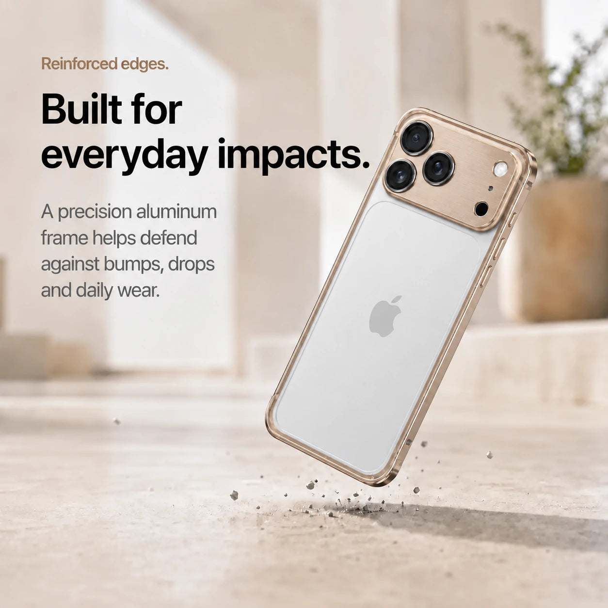 Champagne gold aluminum frame phone case demonstrating its reinforced frame during a drop #color_Champagne Gold