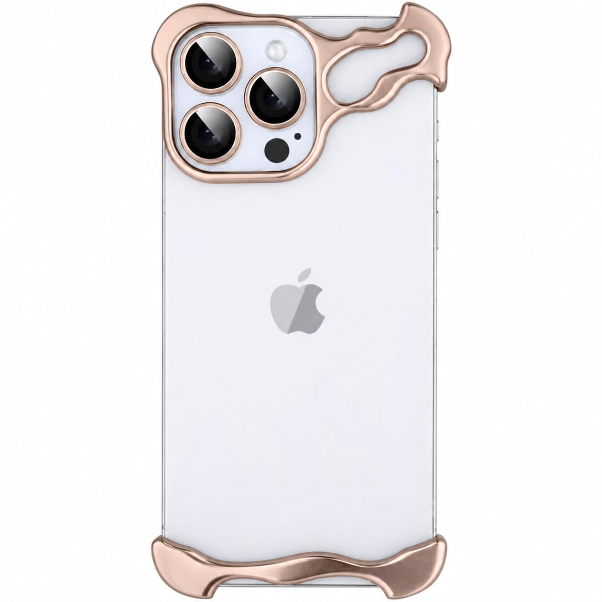 Champagne gold sculpted metal phone bumper around a pale triple camera phone #color_Champagne Gold