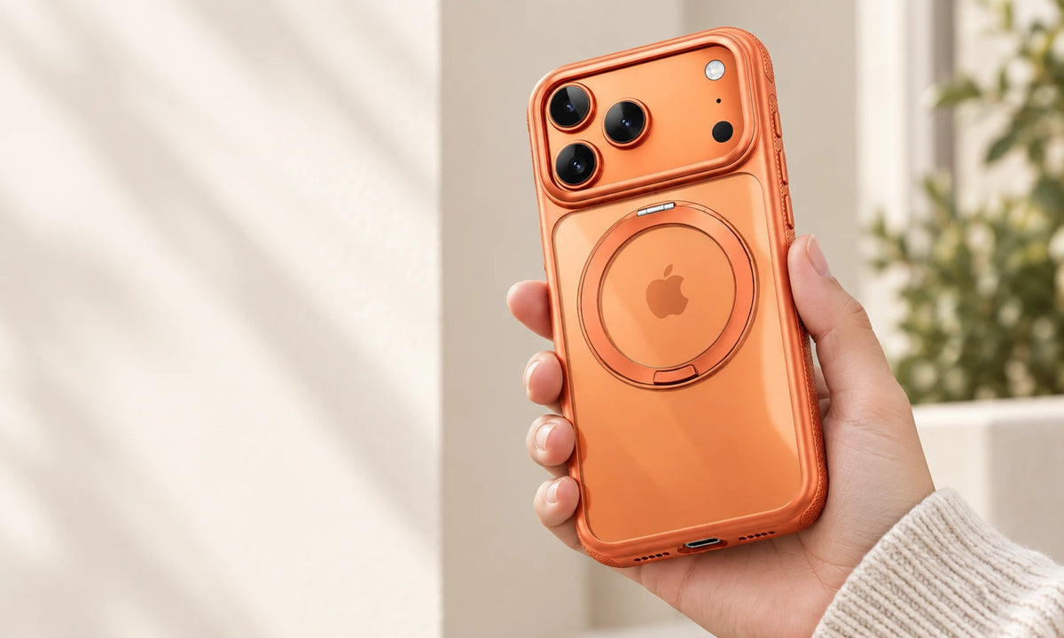 Clear orange phone case held in one hand with its circular ring stand folded flat against the back.