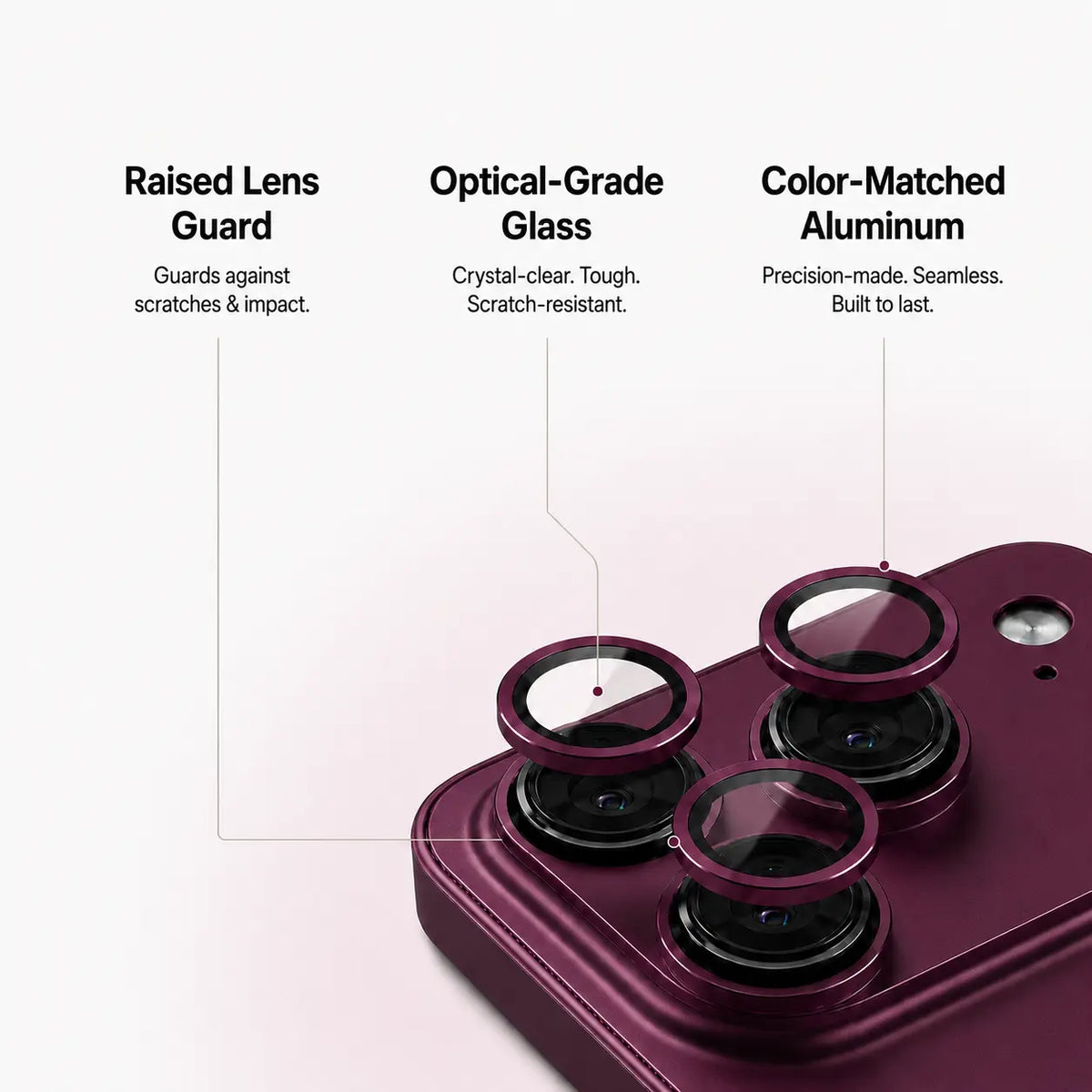 Burgundy metal phone case in an exploded close-up showing camera lens guards and trim #color_Burgundy
