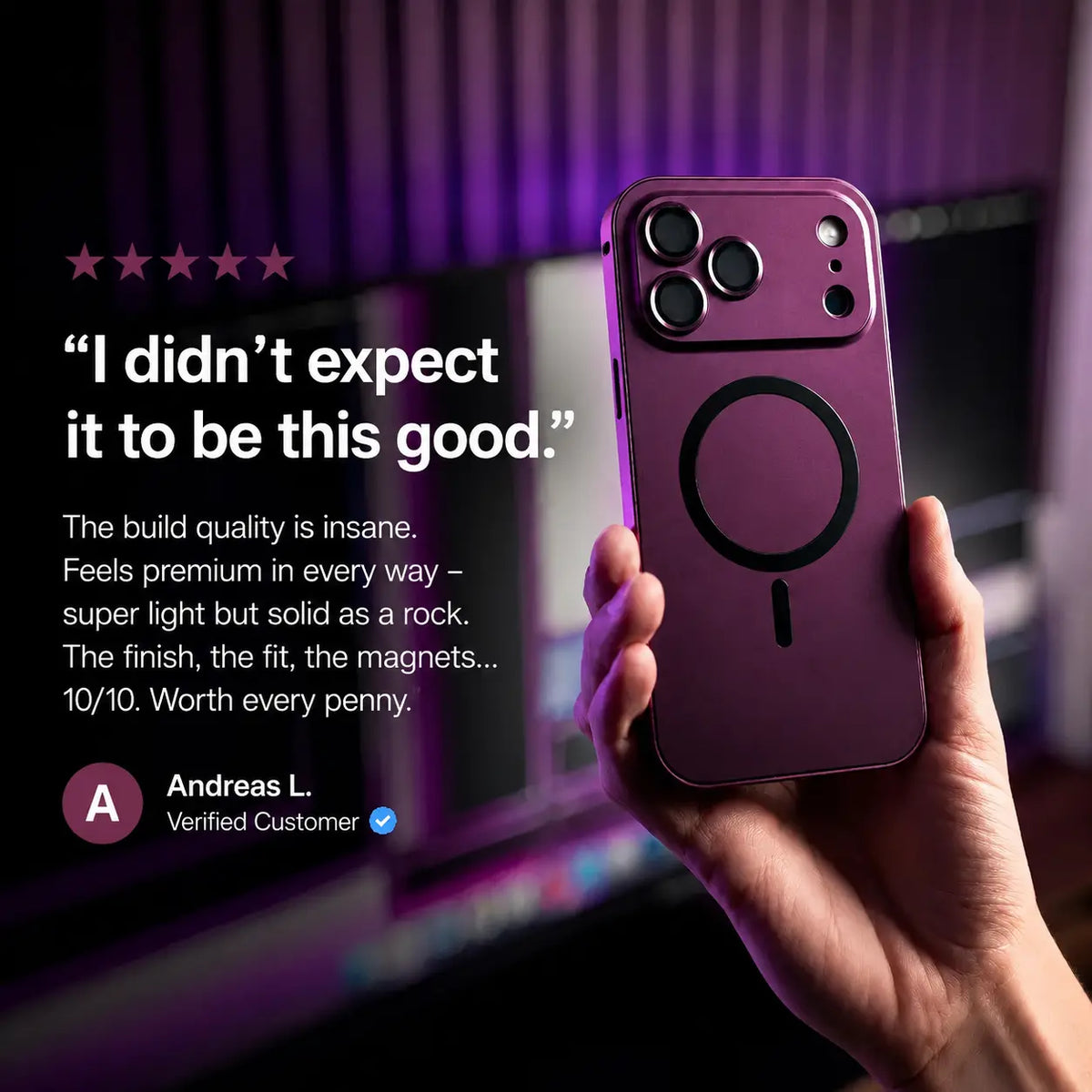Burgundy metal magnetic phone case held beside a purple-lit desk with a customer review quote #color_Burgundy