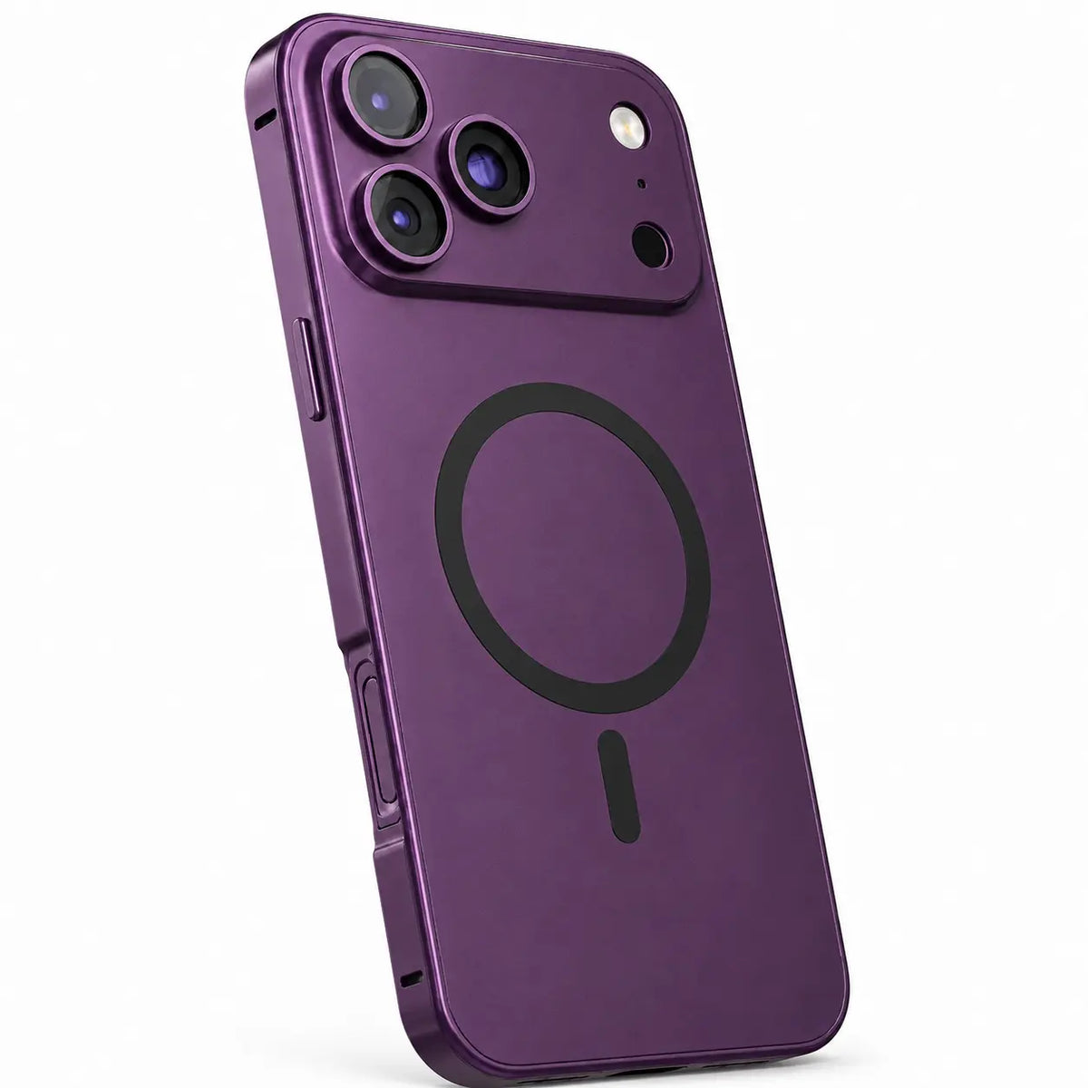 Burgundy metal magnetic phone case in a tilted rear view showing its camera surround and side rail #color_Burgundy