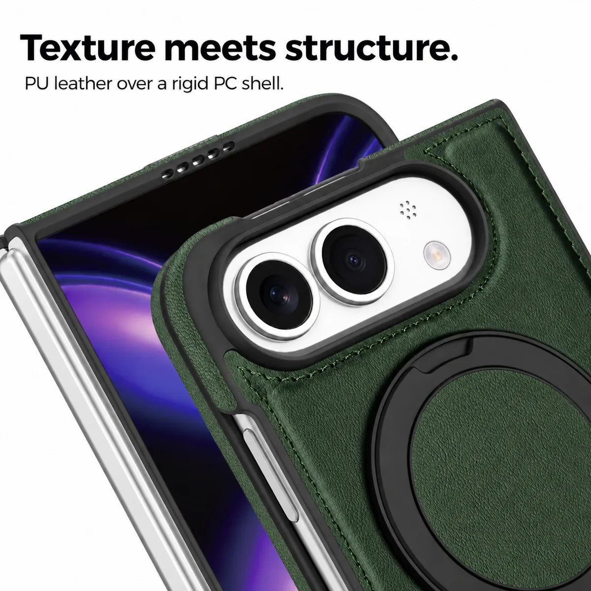 Close-up of the synthetic leather texture, stitching and raised camera surround. #color_Forest Green