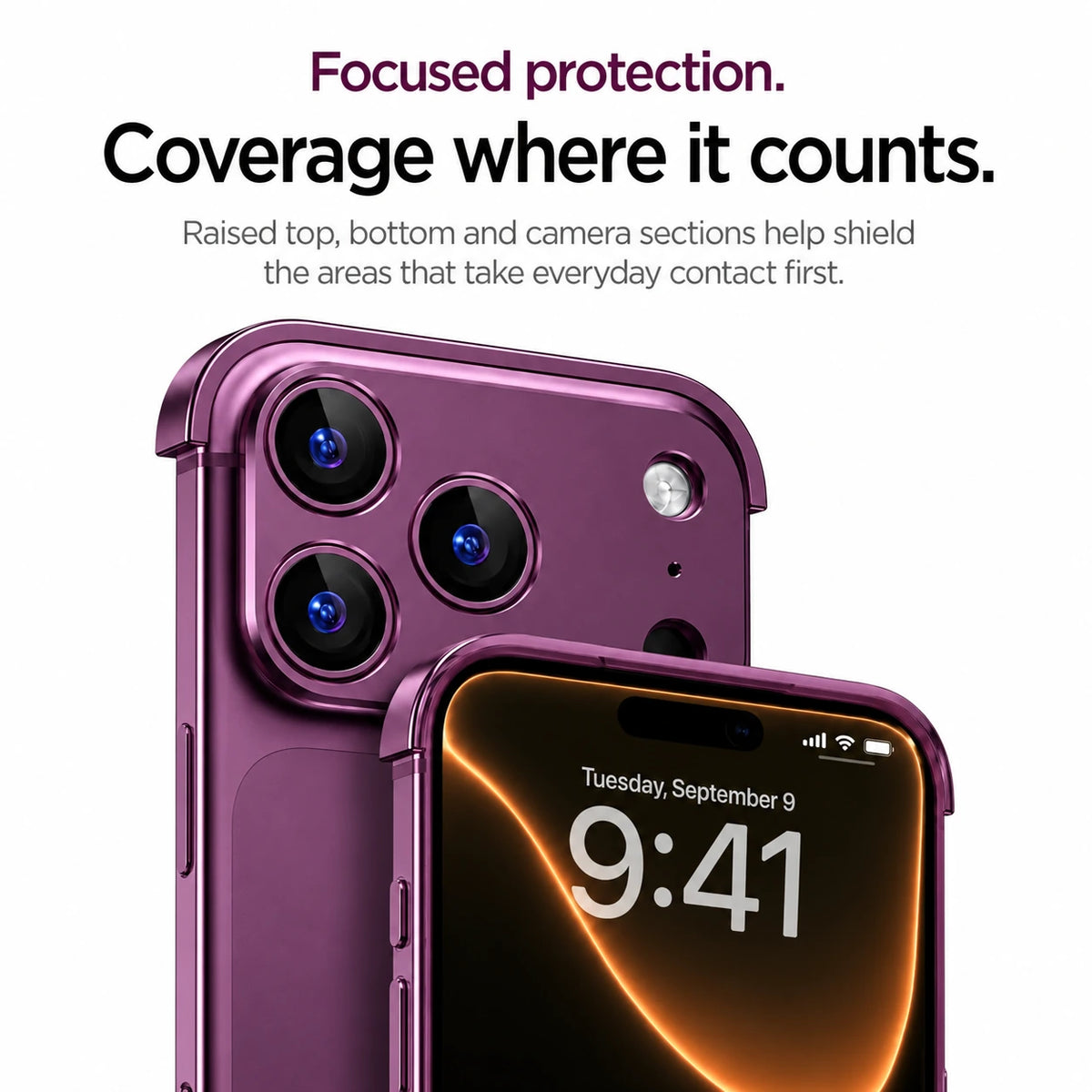 Burgundy minimal metal phone case showing raised camera protection and front edge coverage #color_Burgundy