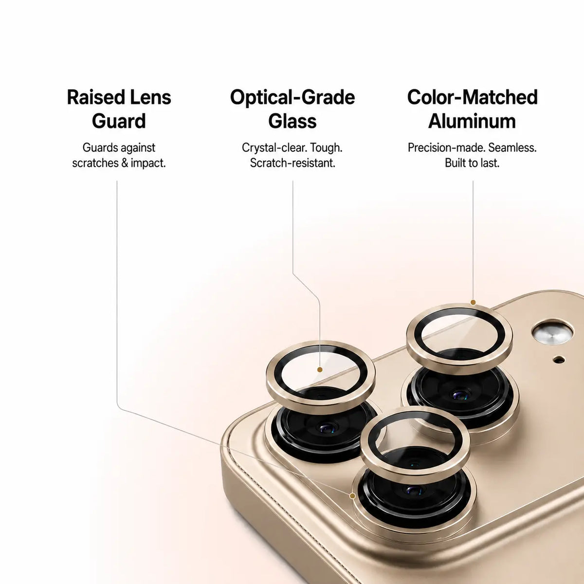 Desert gold metal phone case in an exploded close-up showing camera lens guards and trim #color_Desert Gold