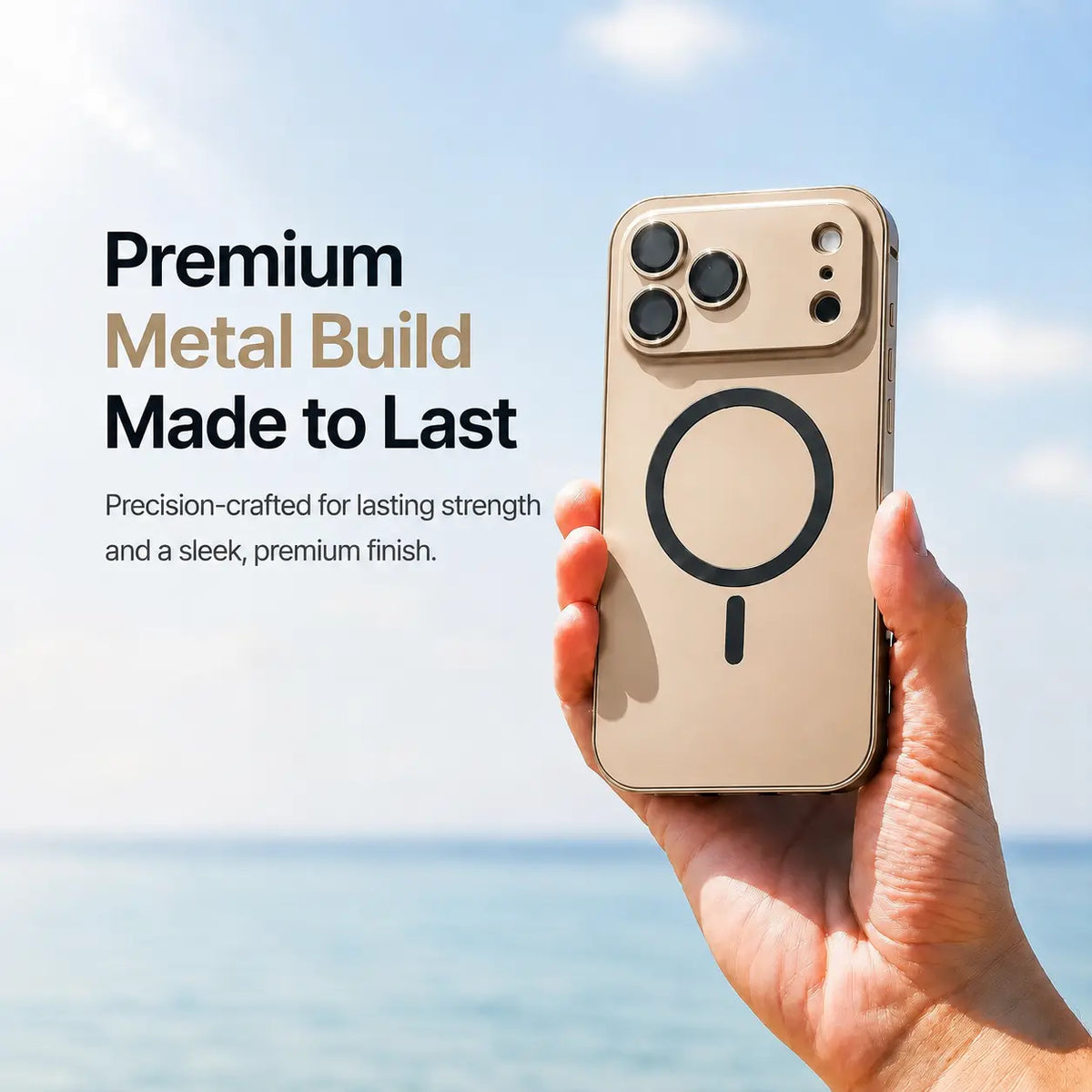 Desert gold metal magnetic phone case held upright beside the sea with a material feature caption #color_Desert Gold