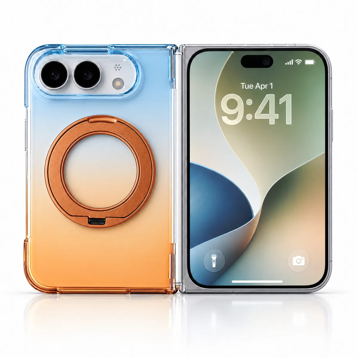 Blue and orange gradient magnetic ring stand case on a silver folding phone, shown open with rear and outer display. #color_Solar Haze