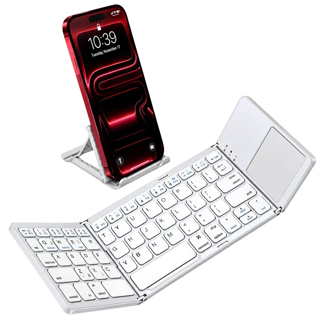 Titanium Silver folding wireless keyboard with integrated touchpad and phone support #color_Titanium Silver