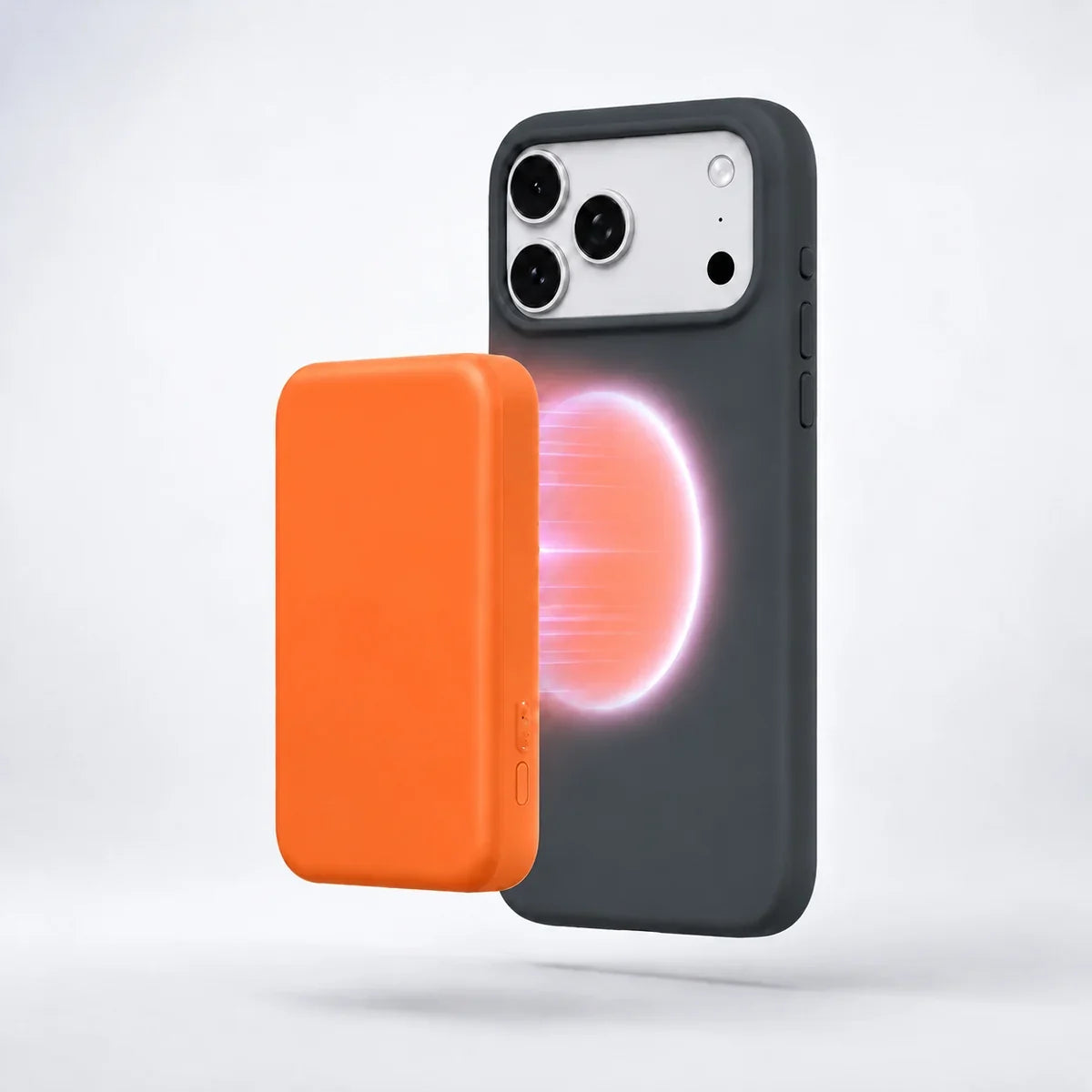 Graphite silicone phone case with an orange wireless battery pack #color_Graphite