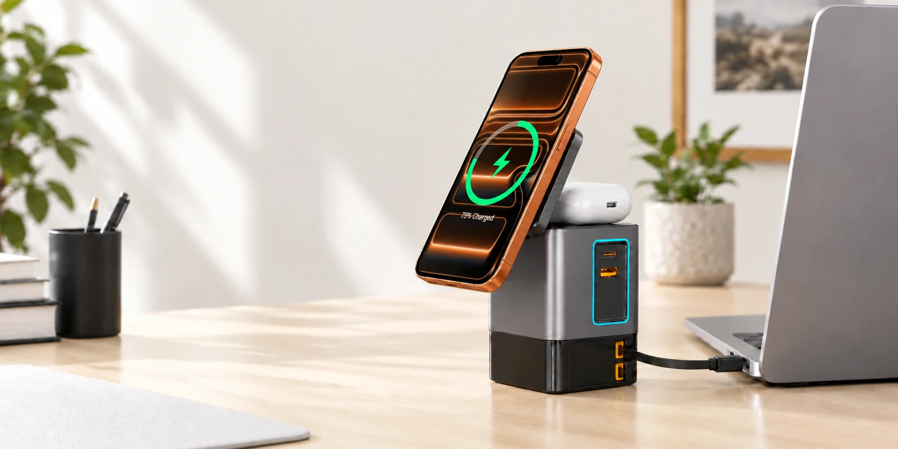 Gray charging tower with a phone, earbud case and USB-C laptop connection on a work desk.