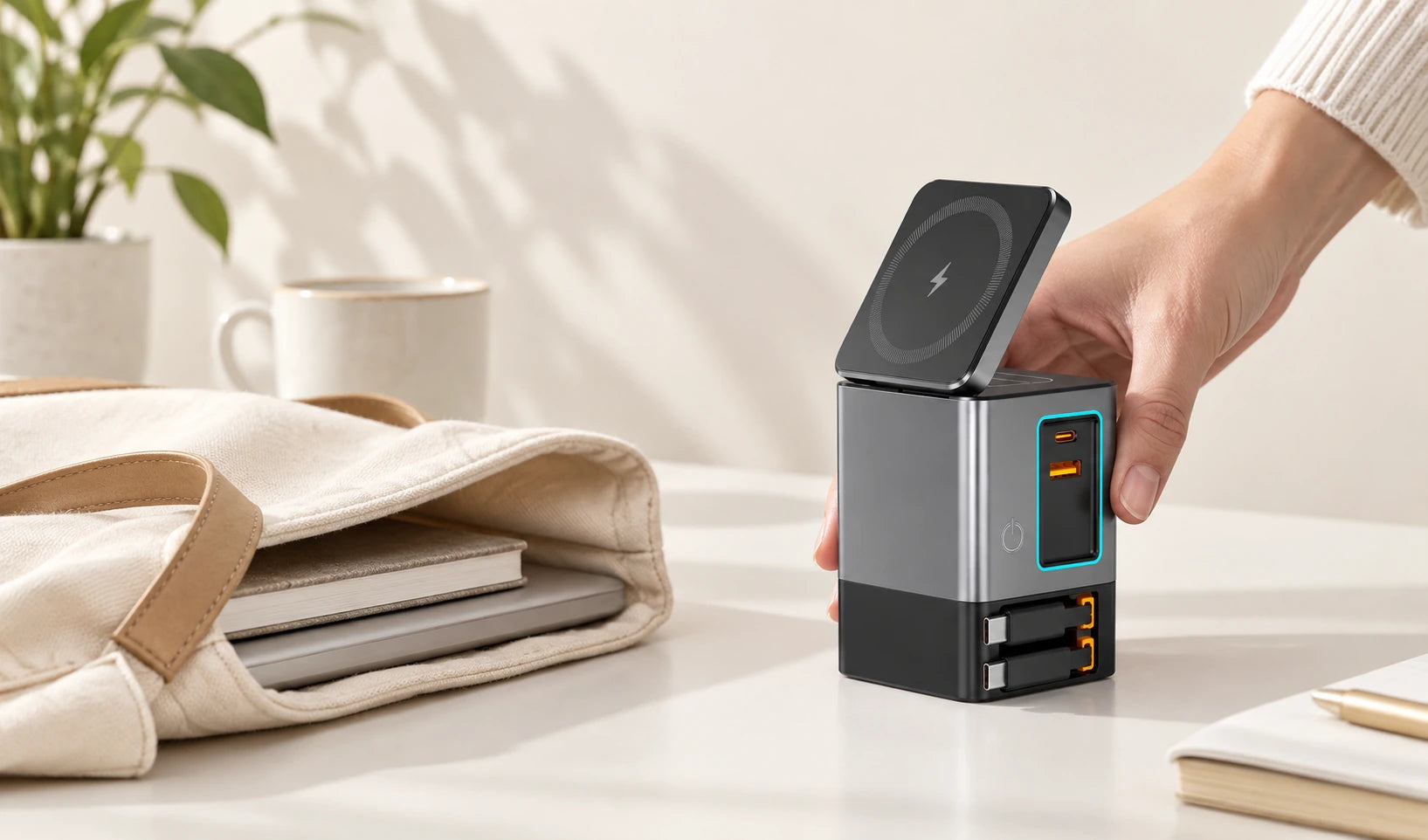 Compact gray charging tower with its cables retracted beside a canvas work bag.
