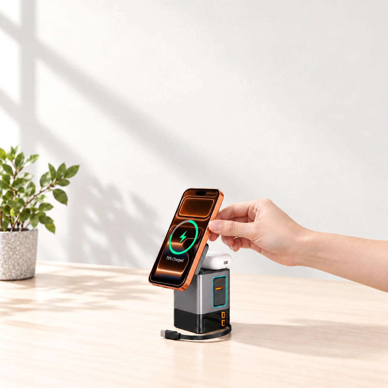 Phone showing its charging screen while attached to the original square pad on a gray charging tower.