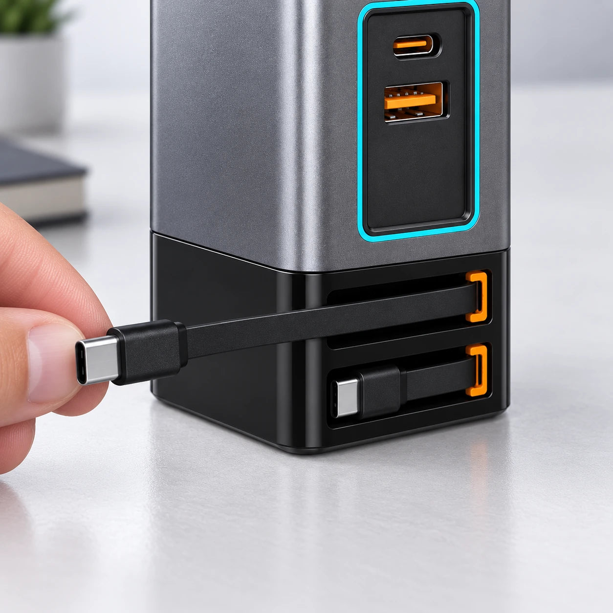 Hand pulling a flat USB-C cable from the lower housing of a gray charging tower.