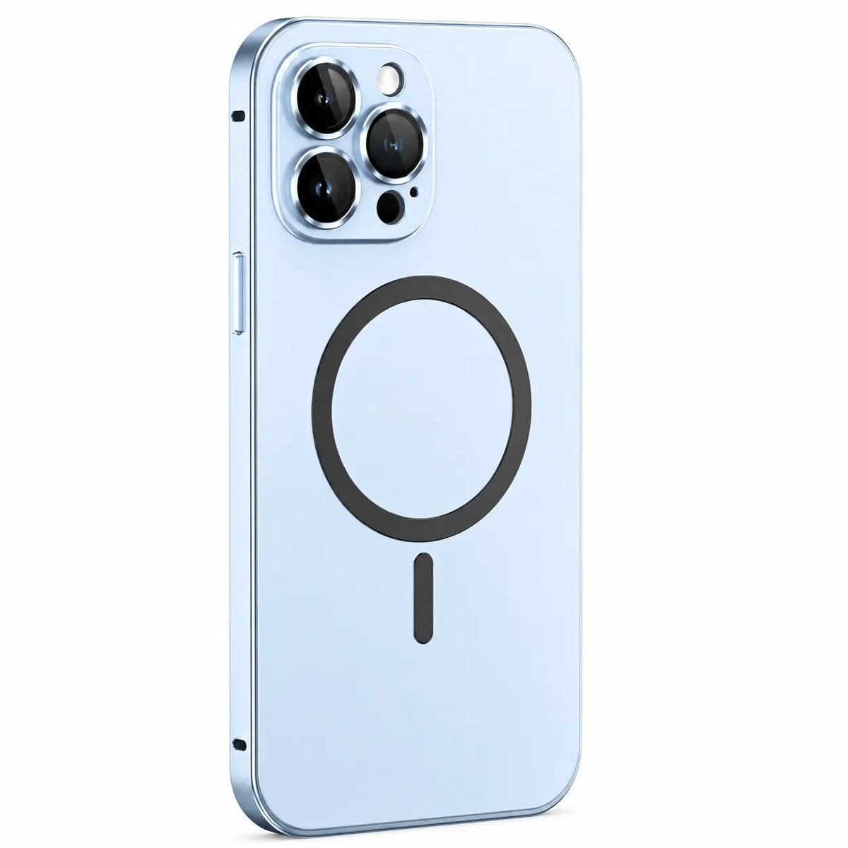 Glacier metal magnetic phone case with three camera openings shown from the back on white #color_Glacier