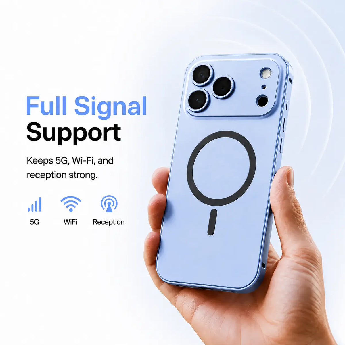 Glacier metal magnetic phone case held upright with illustrated signal icons #color_Glacier