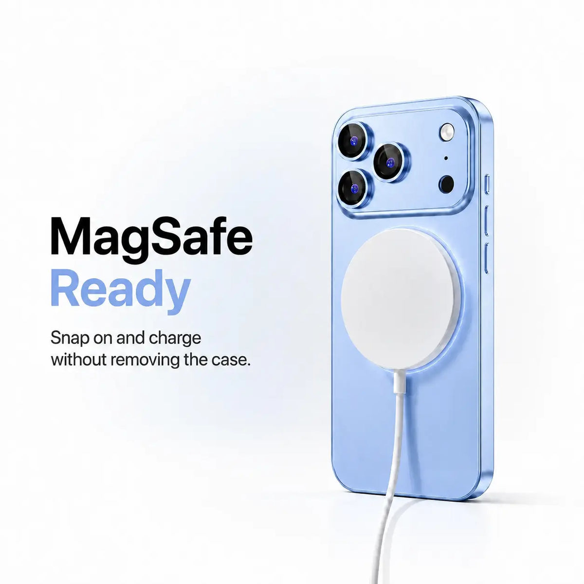 Glacier metal phone case attached to a round white magnetic wireless charging puck #color_Glacier