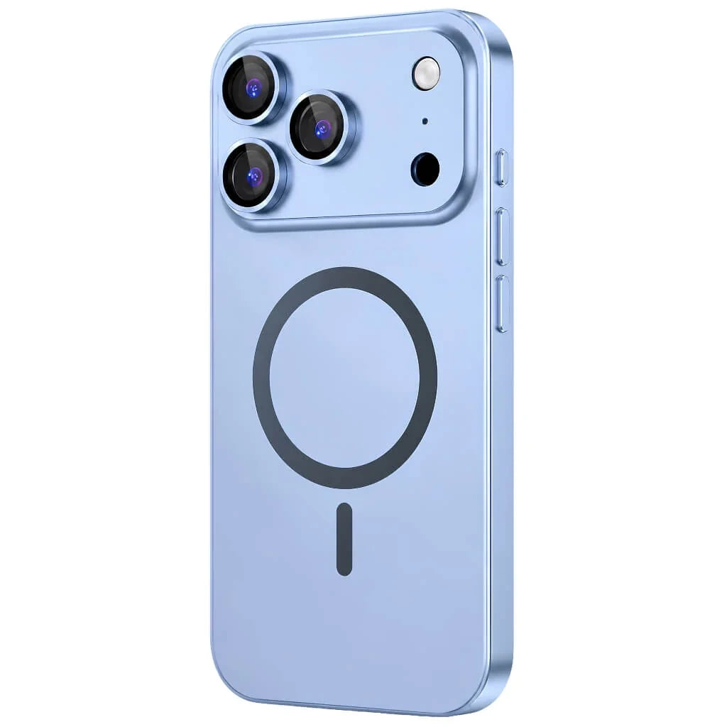 Glacier metal magnetic phone case in an upright rear detail view on a white background #color_Glacier